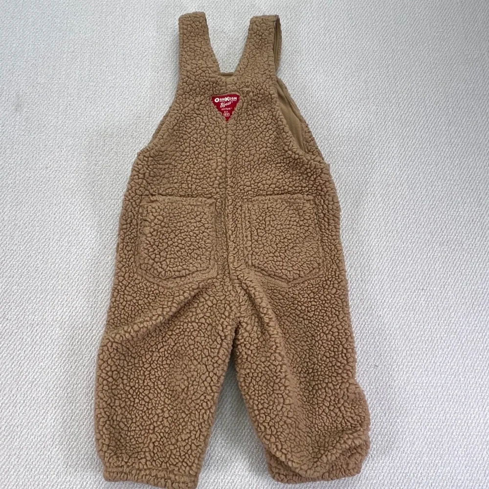 OshKosh B'gosh Baby Teddy Fleece Vestback Overalls Baby 12M Brown Teddy Bibs